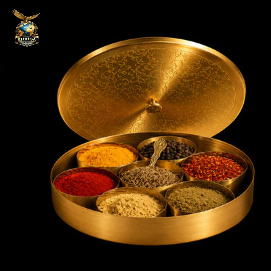Handcrafted Brass Masala Box with 7 Compartments & Brass Spoon