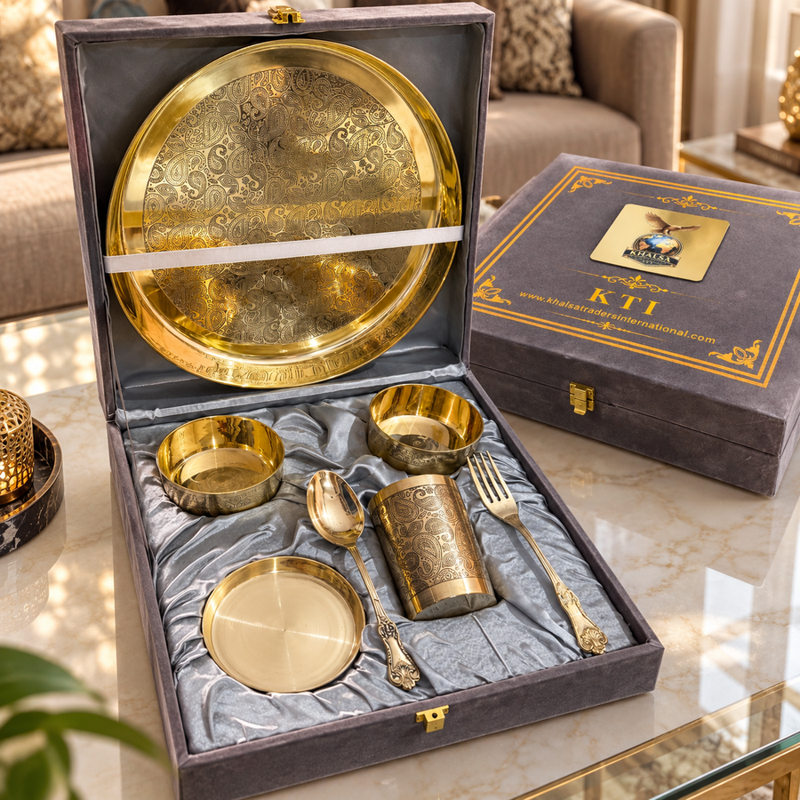 Khalsa Traders Brass Paisley-Engraved 7-Piece Thali Gift Set