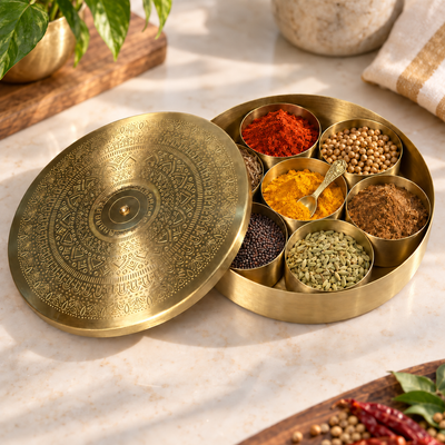 Engraved Brass Masala Box with 7 Compartments & Spoon