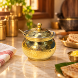 Hammered Brass Ghee Pot with Lid and Spoon warm kitchen lifestyle hero image
