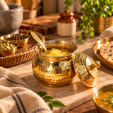Hammered Brass Ghee Pot with Lid and Spoon open lid lifestyle image
