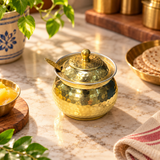 Hammered Brass Ghee Pot with Lid and Spoon top angle lifestyle image