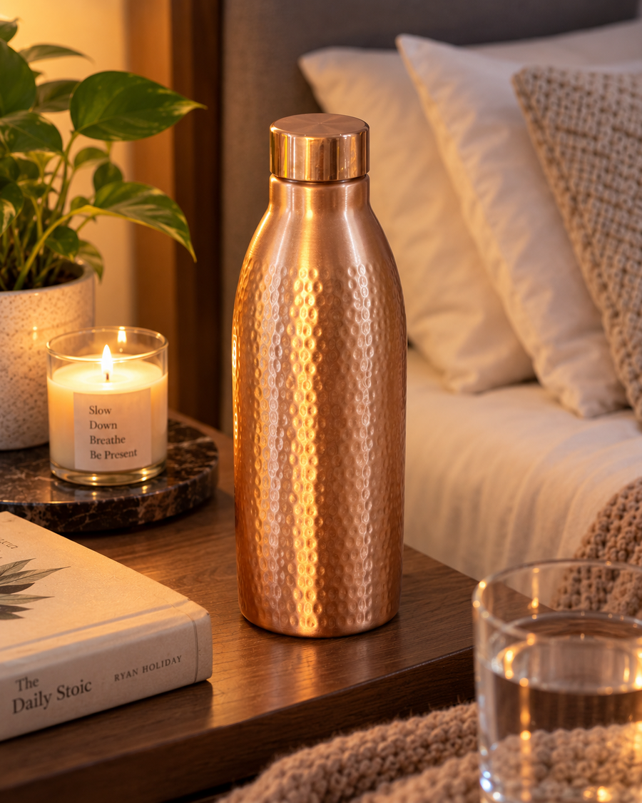 Hammered Copper Water Bottle – Tapered Shoulder, bedroom lifestyle