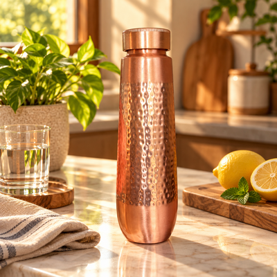 Hammered Copper Bottle — Classic Straight, Brushed Accents