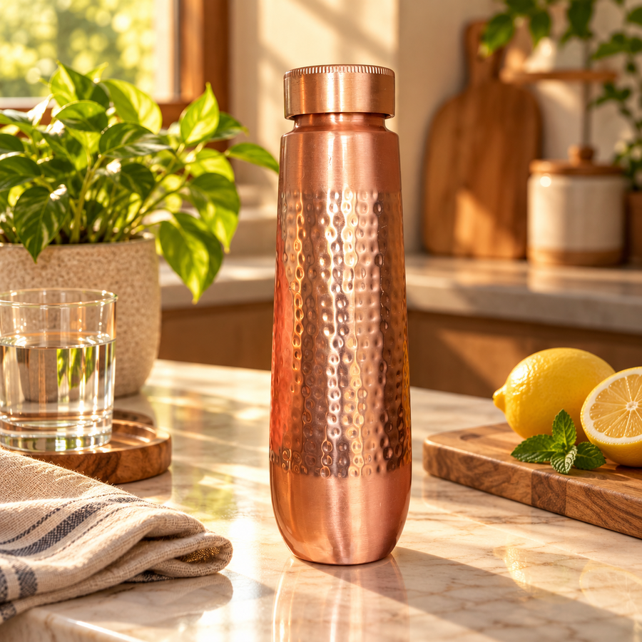 Hammered copper water bottle in a warm kitchen setting