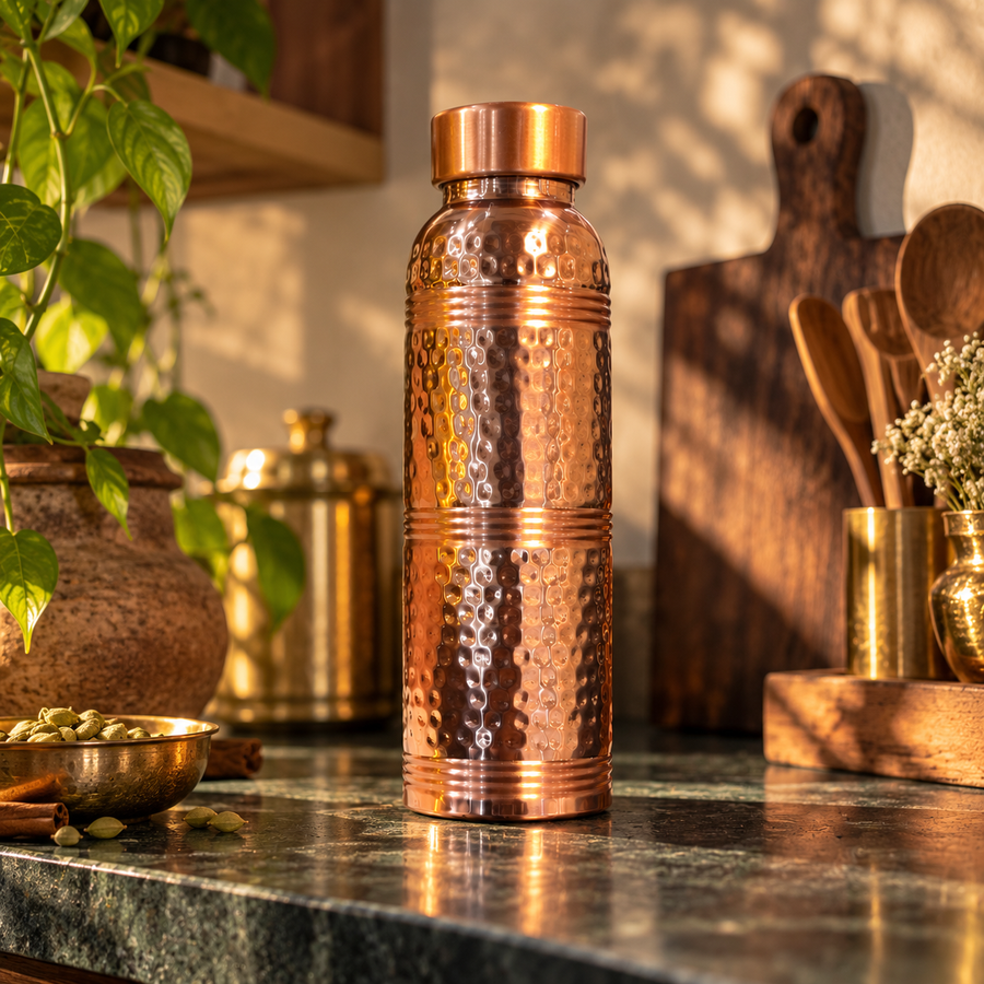 Hammered ring-neck copper bottle hero lifestyle view