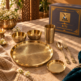 Khalsa Traders brass paisley-engraved 7-piece thali gift set with closed KTI gift box, alternate angle