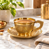 Heritage Engraved Brass Cup & Saucer on white marble