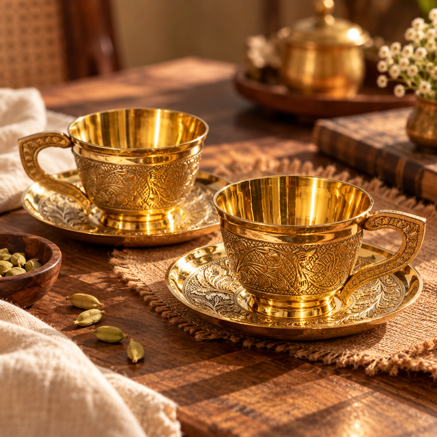 Heritage Engraved Brass Cup & Saucer lifestyle pair