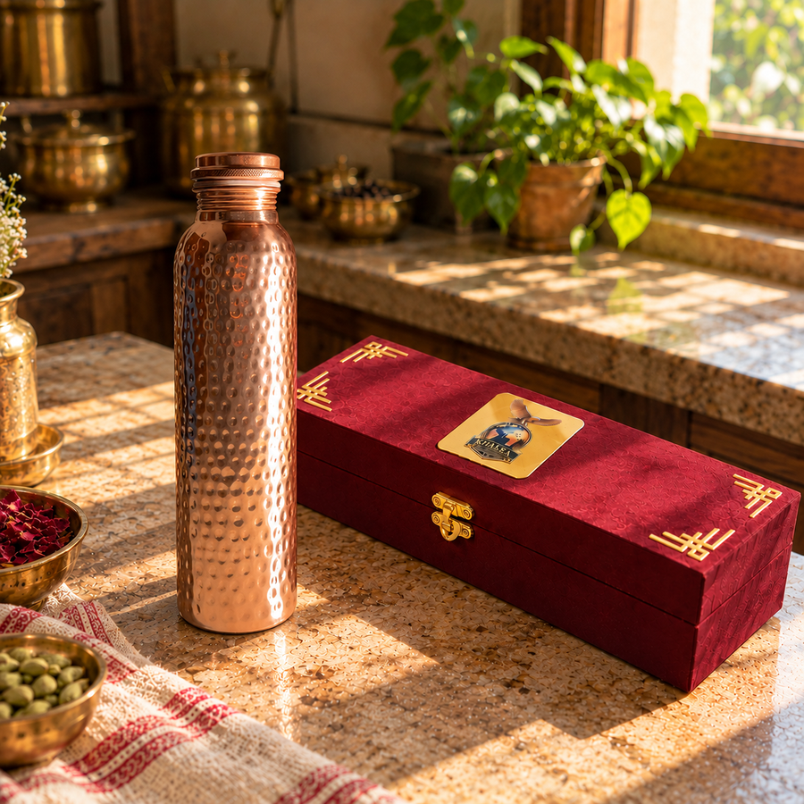 Hammered copper water bottle with its maroon gift box in a sunlit traditional kitchen