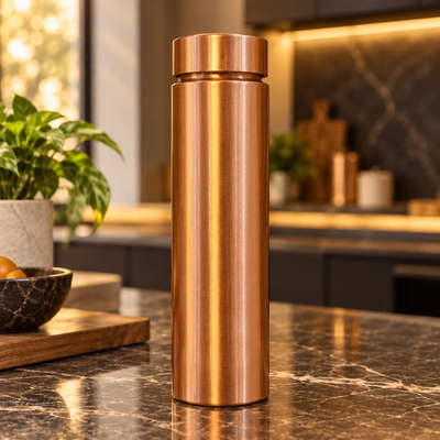 Copper Water Bottle — Wide Cap, Polished Straight Body