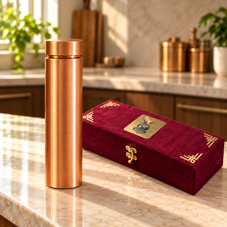 Polished copper water bottle with wide flat cap beside its closed maroon velvet gift box in a sunlit kitchen