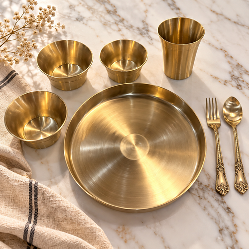 Premium Brass Dining Thali Set on marble surface