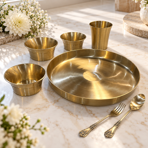 Premium Brass Dining Thali Set lifestyle with white flowers