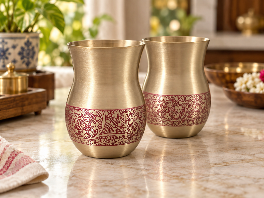 Heritage Red Floral Brass Tumbler Set of 2 hero lifestyle image