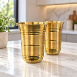 Royal ribbed brass tumbler set of two front lifestyle shot