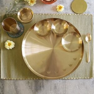 100% Kansa Solid Thali Set | 7 Pieces Kansa Thali Set | 1 Thali - 11.5 inches, 1 Dahi Vada/Rice Plate, 3 Medium Katoris, 1 Water Glass, and 1 Spoon